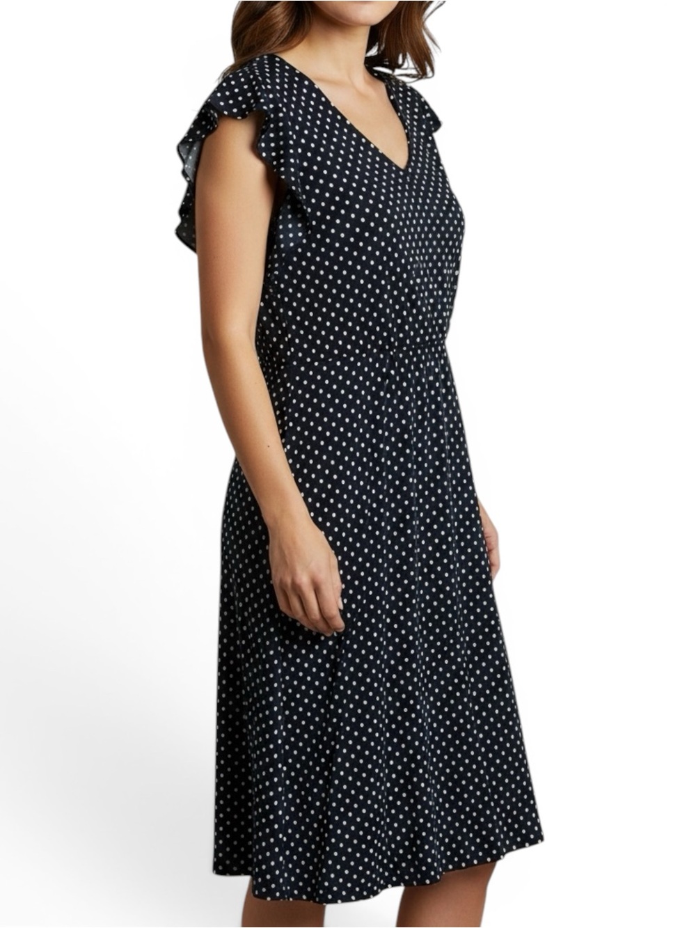 Ann Taylor Factory Navy Polka Dot Blue V-Neck Flutter Short Sleeve A-Line Dress - Picture 4 of 10